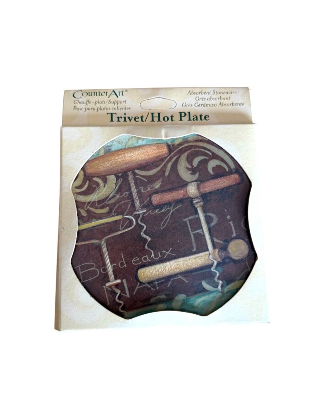 CounterArt Trivet Hot Plate Stoneware Natural Cork Wine Corkscrew Bourdeaux